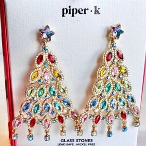 Piper K Gold Tone Christmas Tree Dangle Drop Earrings Glass Crystal Accents NIB